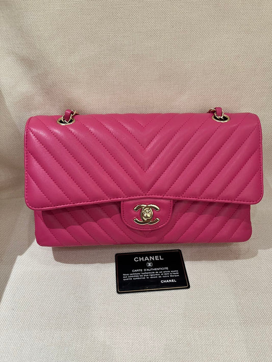 Pre-owned Certified Chanel Medium CF Double Classic Flap in Fuchsia Pink Chevron Quilted Lambskin, Light Golden Hardware, 2017-2018, w/ Full Set