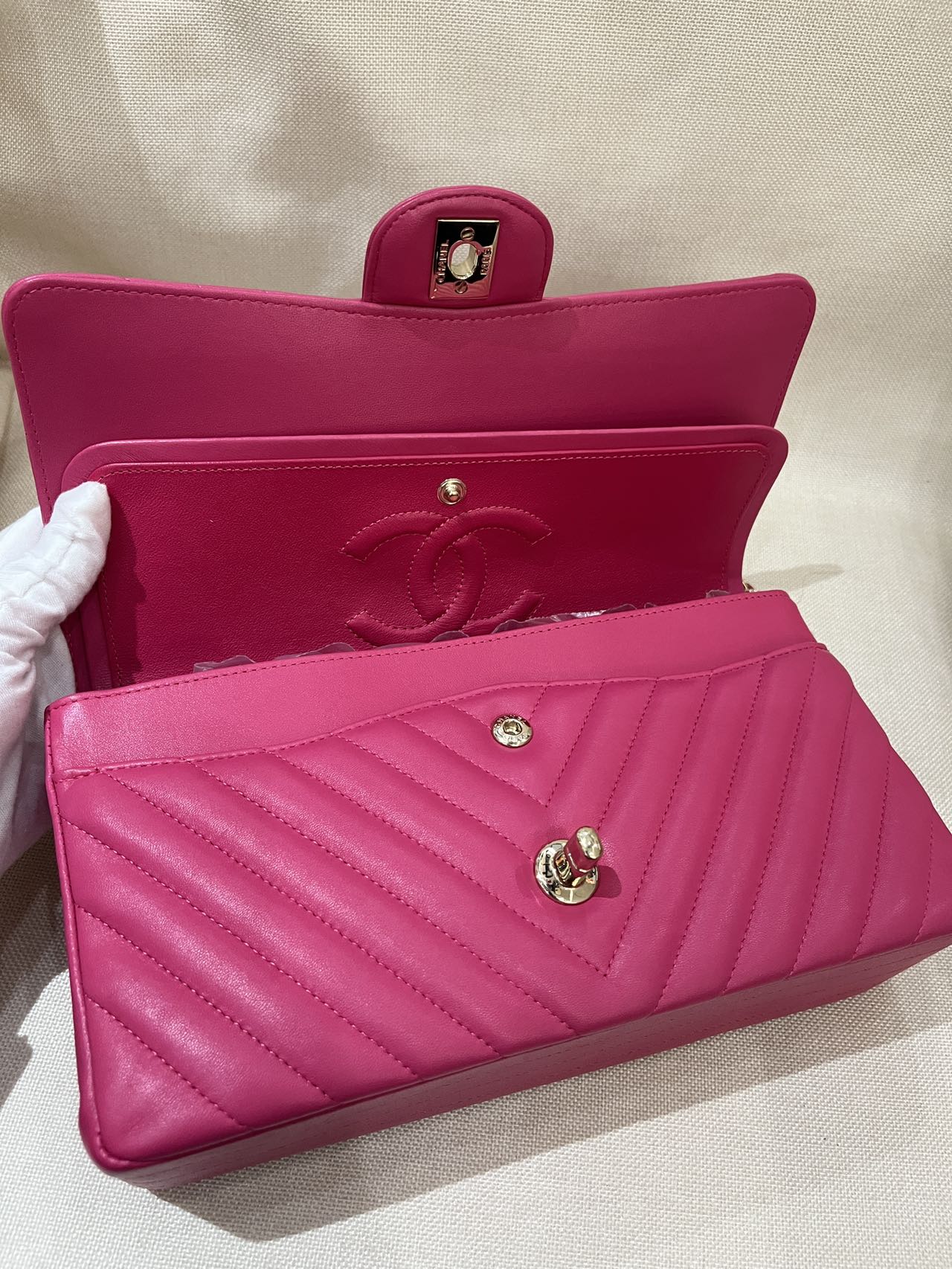 Pre-owned Certified Chanel Medium CF Double Classic Flap in Fuchsia Pink Chevron Quilted Lambskin, Light Golden Hardware, 2017-2018, w/ Full Set