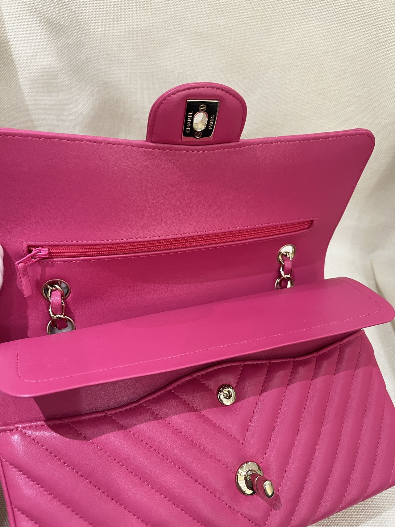 Pre-owned Certified Chanel Medium CF Double Classic Flap in Fuchsia Pink Chevron Quilted Lambskin, Light Golden Hardware, 2017-2018, w/ Full Set