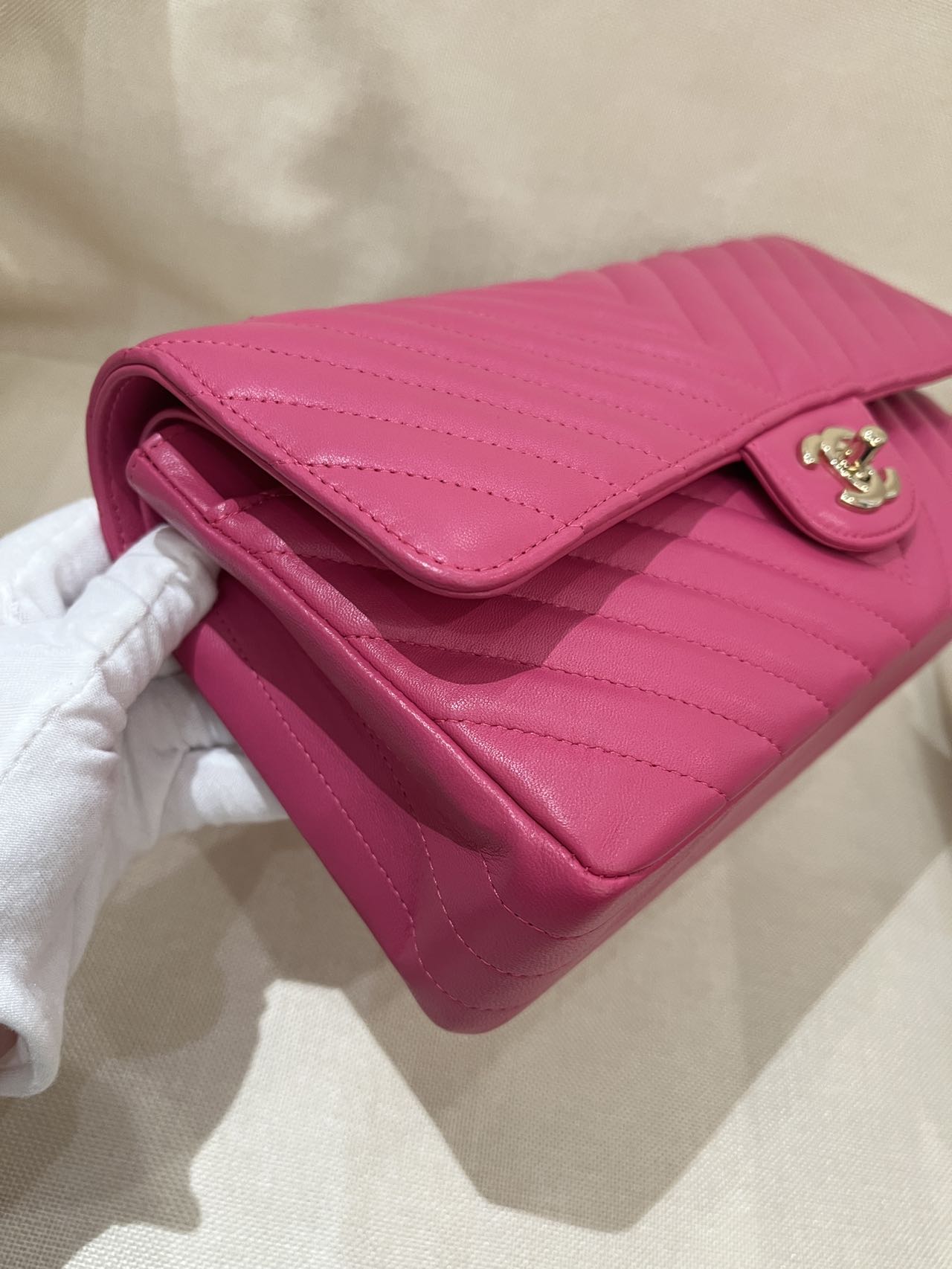 Pre-owned Certified Chanel Medium CF Double Classic Flap in Fuchsia Pink Chevron Quilted Lambskin, Light Golden Hardware, 2017-2018, w/ Full Set