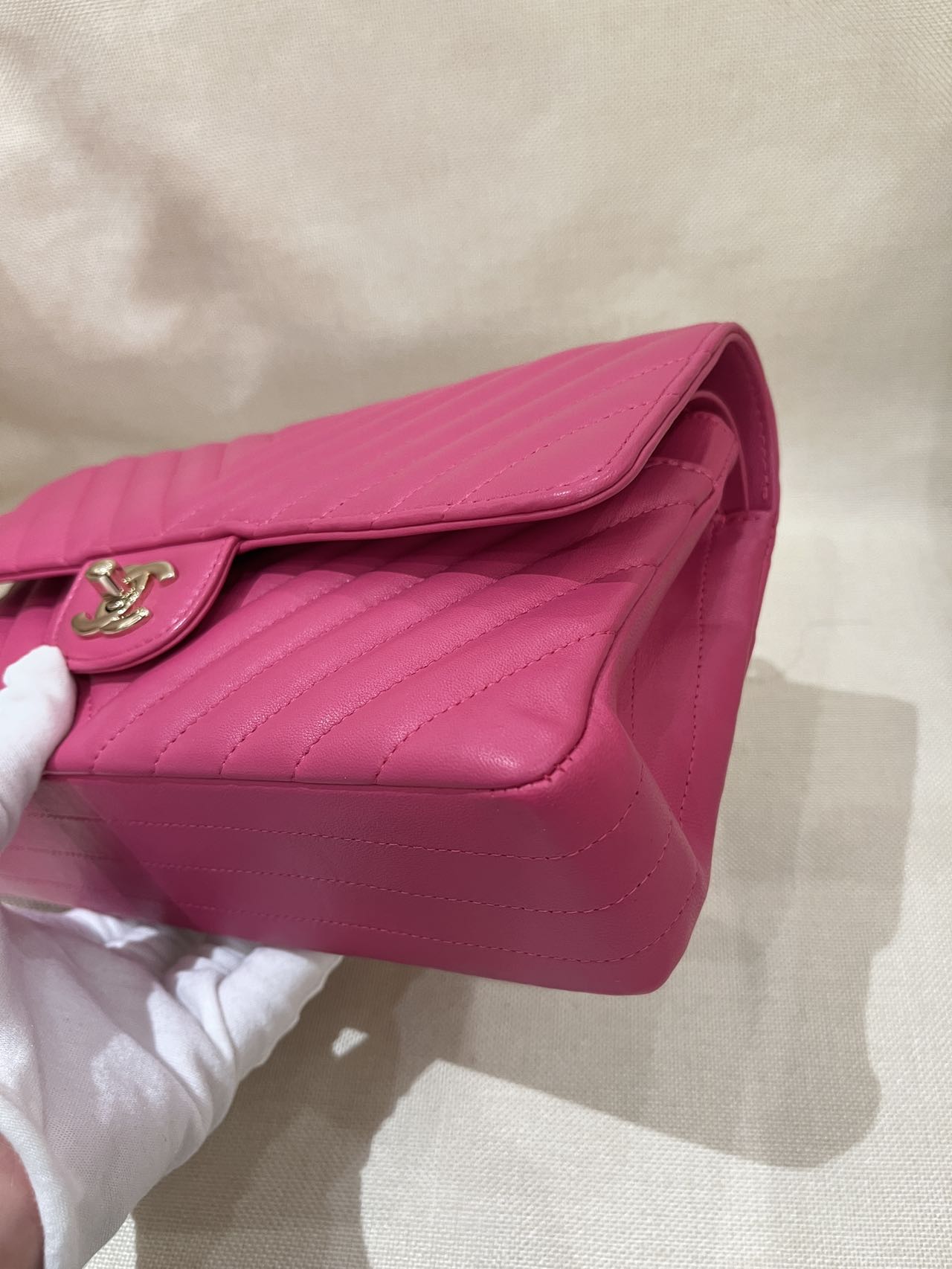 Pre-owned Certified Chanel Medium CF Double Classic Flap in Fuchsia Pink Chevron Quilted Lambskin, Light Golden Hardware, 2017-2018, w/ Full Set
