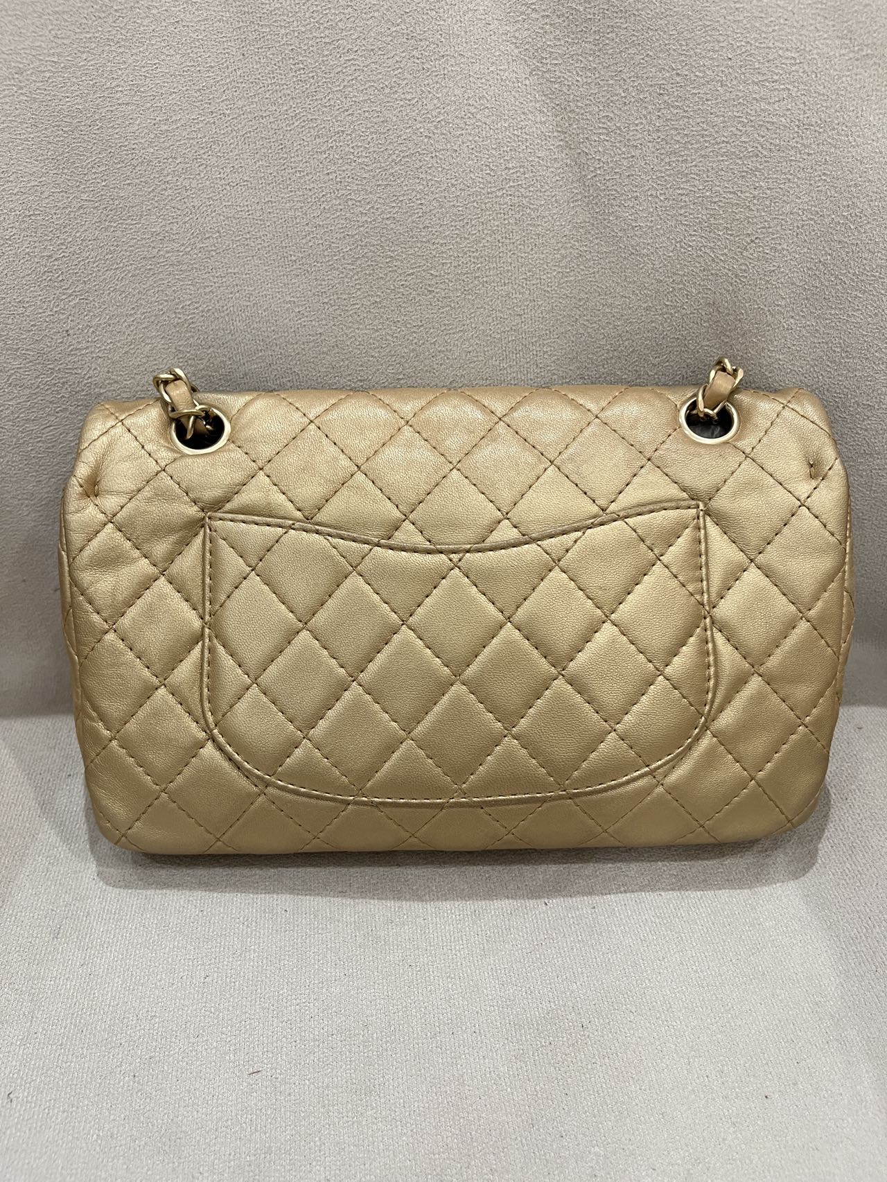 Pre-owned Certified Chanel Medium CF Single Flap Golden Metallic Lambskin with Precious Stone CC and Golden Hardware, 2011, w/ box, dust bag