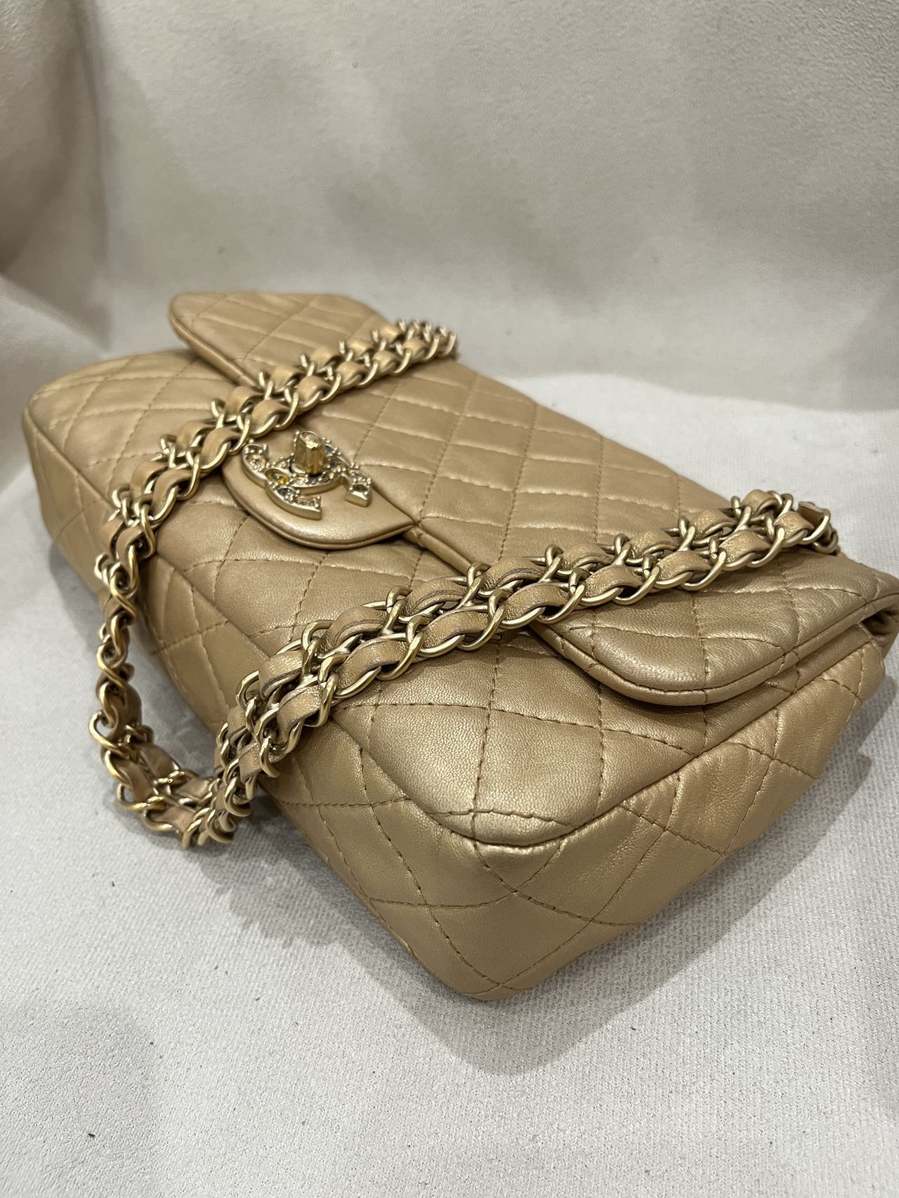 Pre-owned Certified Chanel Medium CF Single Flap Golden Metallic Lambskin with Precious Stone CC and Golden Hardware, 2011, w/ box, dust bag