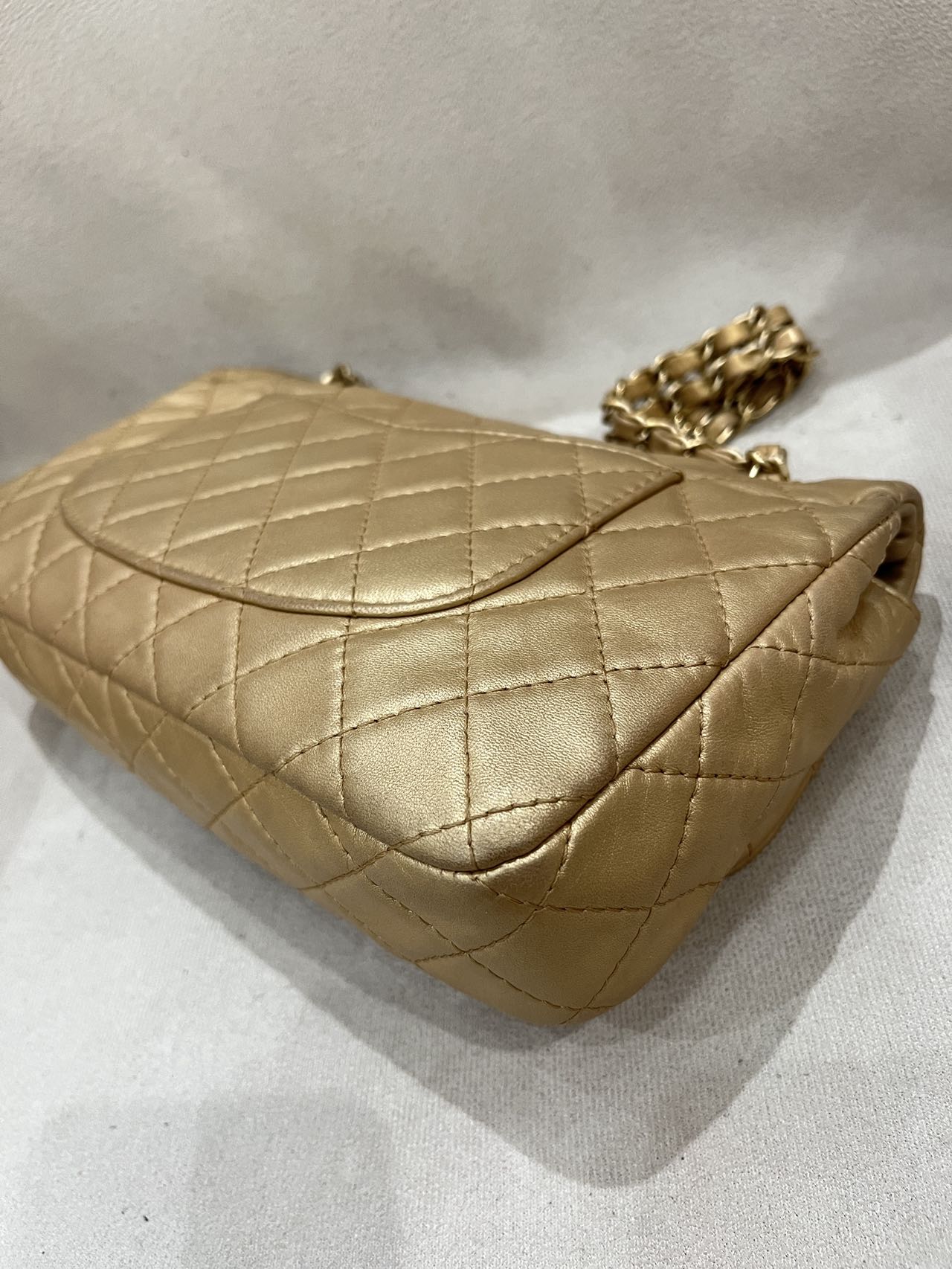 Pre-owned Certified Chanel Medium CF Single Flap Golden Metallic Lambskin with Precious Stone CC and Golden Hardware, 2011, w/ box, dust bag