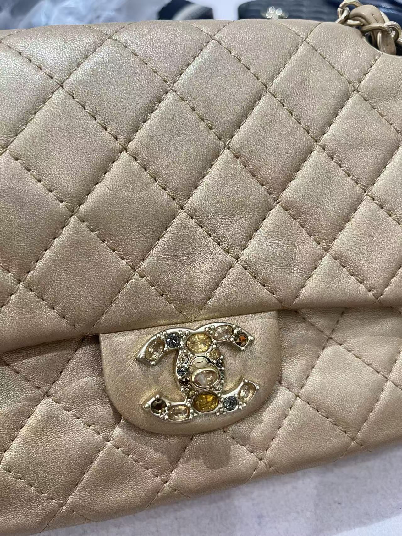 Pre-owned Certified Chanel Medium CF Single Flap Golden Metallic Lambskin with Precious Stone CC and Golden Hardware, 2011, w/ box, dust bag