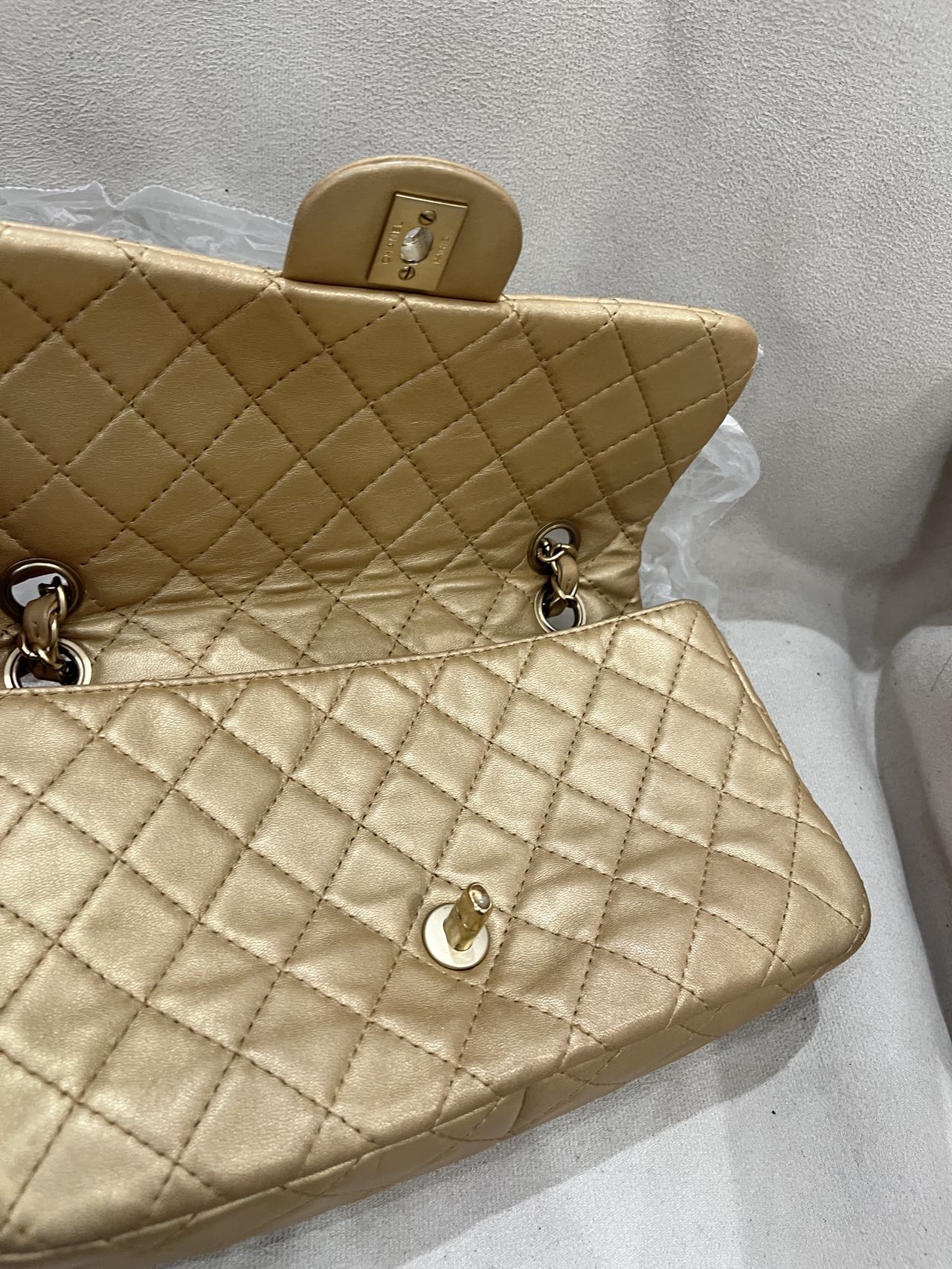 Pre-owned Certified Chanel Medium CF Single Flap Golden Metallic Lambskin with Precious Stone CC and Golden Hardware, 2011, w/ box, dust bag