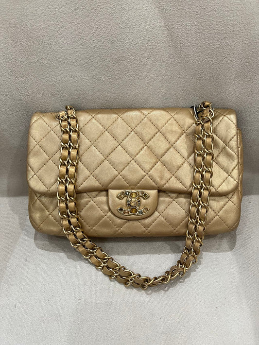 Pre-owned Certified Chanel Medium CF Single Flap Golden Metallic Lambskin with Precious Stone CC and Golden Hardware, 2011, w/ box, dust bag