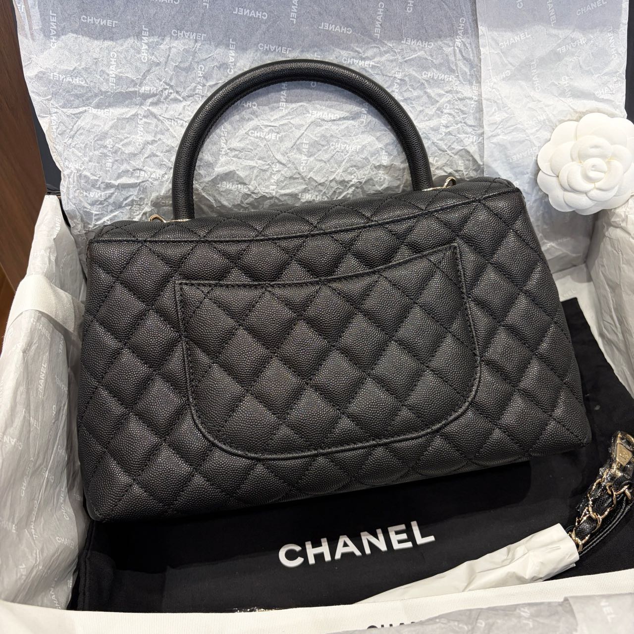 Pre-owned Certified Chanel Medium Coco Handle in Black Caviar Leather with Golden Hardware, 2022 Microchipped, w/card, full set