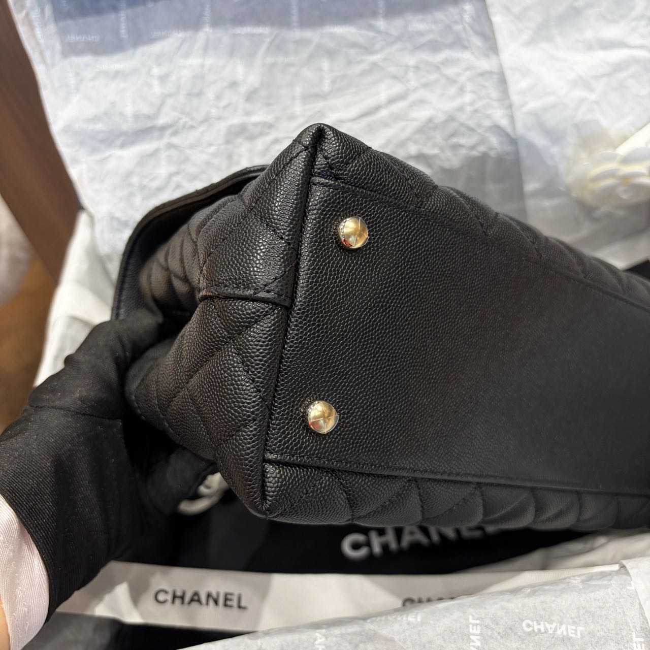 Pre-owned Certified Chanel Medium Coco Handle in Black Caviar Leather with Golden Hardware, 2022 Microchipped, w/card, full set