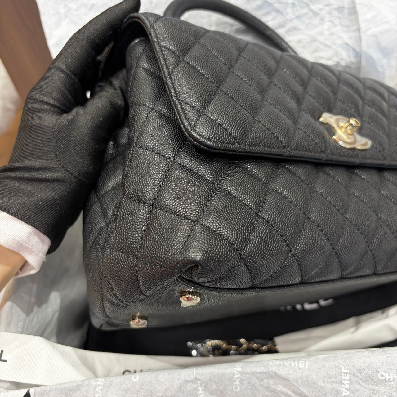 Pre-owned Certified Chanel Medium Coco Handle in Black Caviar Leather with Golden Hardware, 2022 Microchipped, w/card, full set