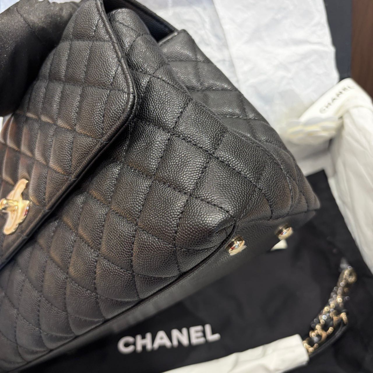 Pre-owned Certified Chanel Medium Coco Handle in Black Caviar Leather with Golden Hardware, 2022 Microchipped, w/card, full set