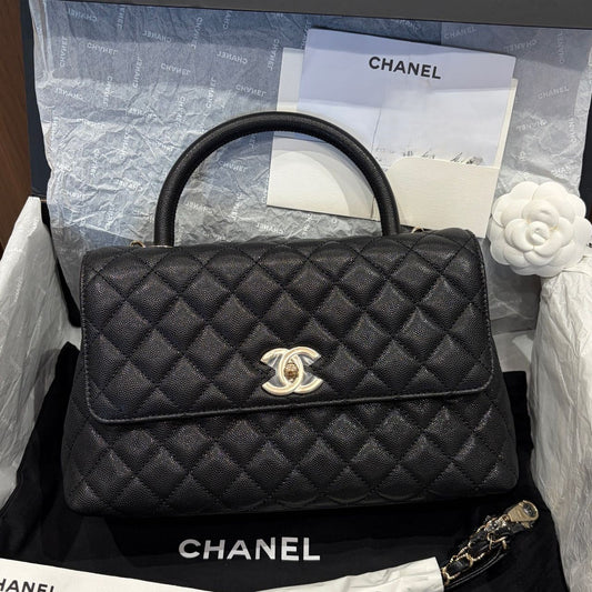 Pre-owned Certified Chanel Medium Coco Handle in Black Caviar Leather with Golden Hardware, 2022 Microchipped, w/card, full set