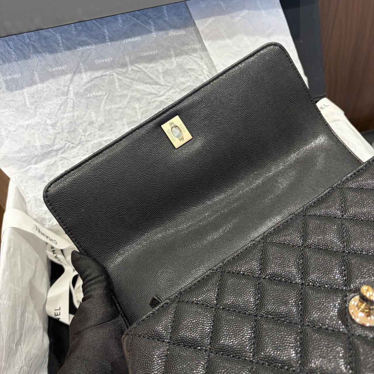 Pre-owned Certified Chanel Medium Coco Handle in Black Caviar Leather with Golden Hardware, 2022 Microchipped, w/card, full set
