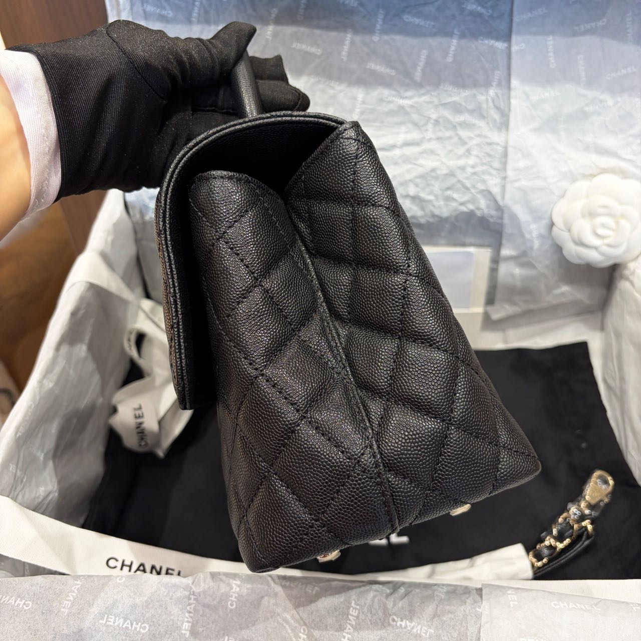 Pre-owned Certified Chanel Medium Coco Handle in Black Caviar Leather with Golden Hardware, 2022 Microchipped, w/card, full set