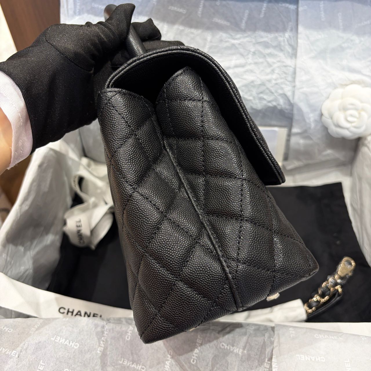 Pre-owned Certified Chanel Medium Coco Handle in Black Caviar Leather with Golden Hardware, 2022 Microchipped, w/card, full set