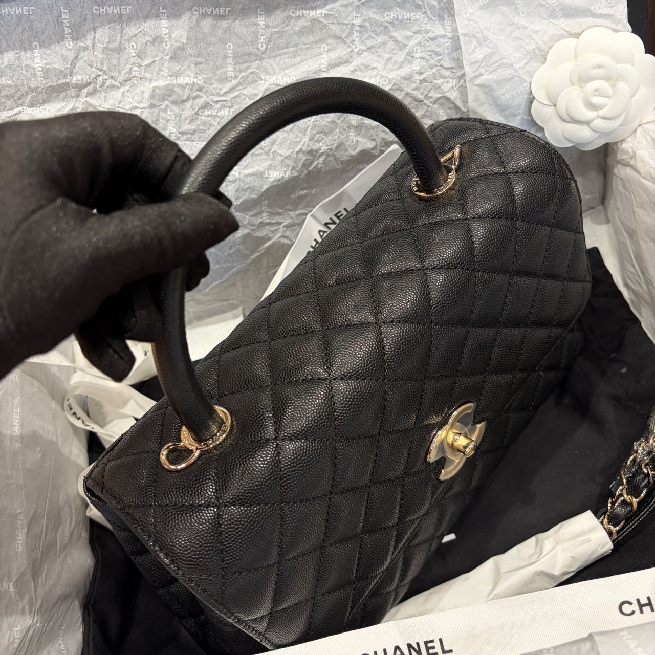 Pre-owned Certified Chanel Medium Coco Handle in Black Caviar Leather with Golden Hardware, 2022 Microchipped, w/card, full set