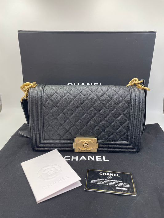 Pre-owned Certified Chanel Medium Le Boy Bag in Black Caviar Leather with Golden Hardware, 2020, w/ Full Set
