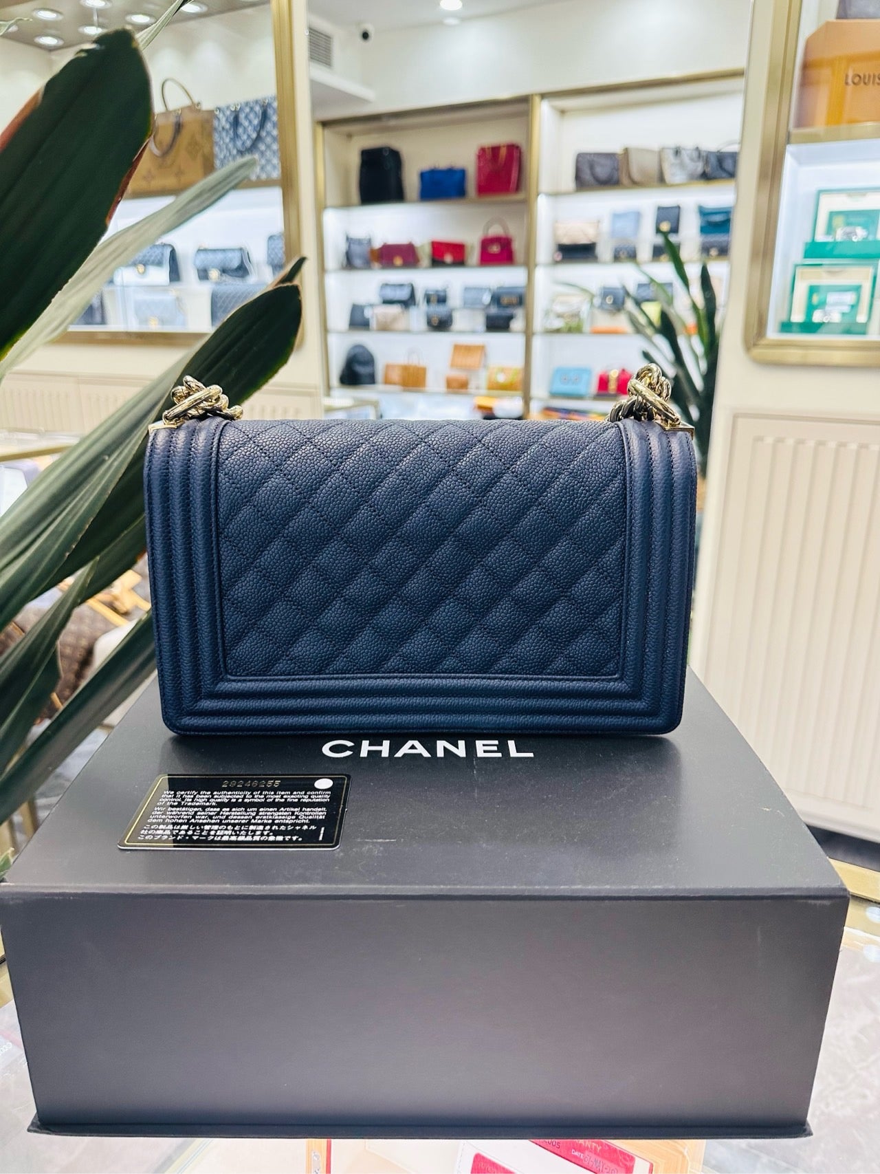 Pre-owned Chanel Le Boy Medium Blue Caviar Leather Bright Golden Hw, 2020, w/ card