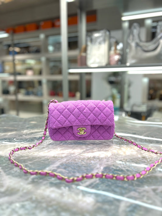 Pre-owned Chanel Mini CF Purple Tweed, microchipped, w/ dust bag