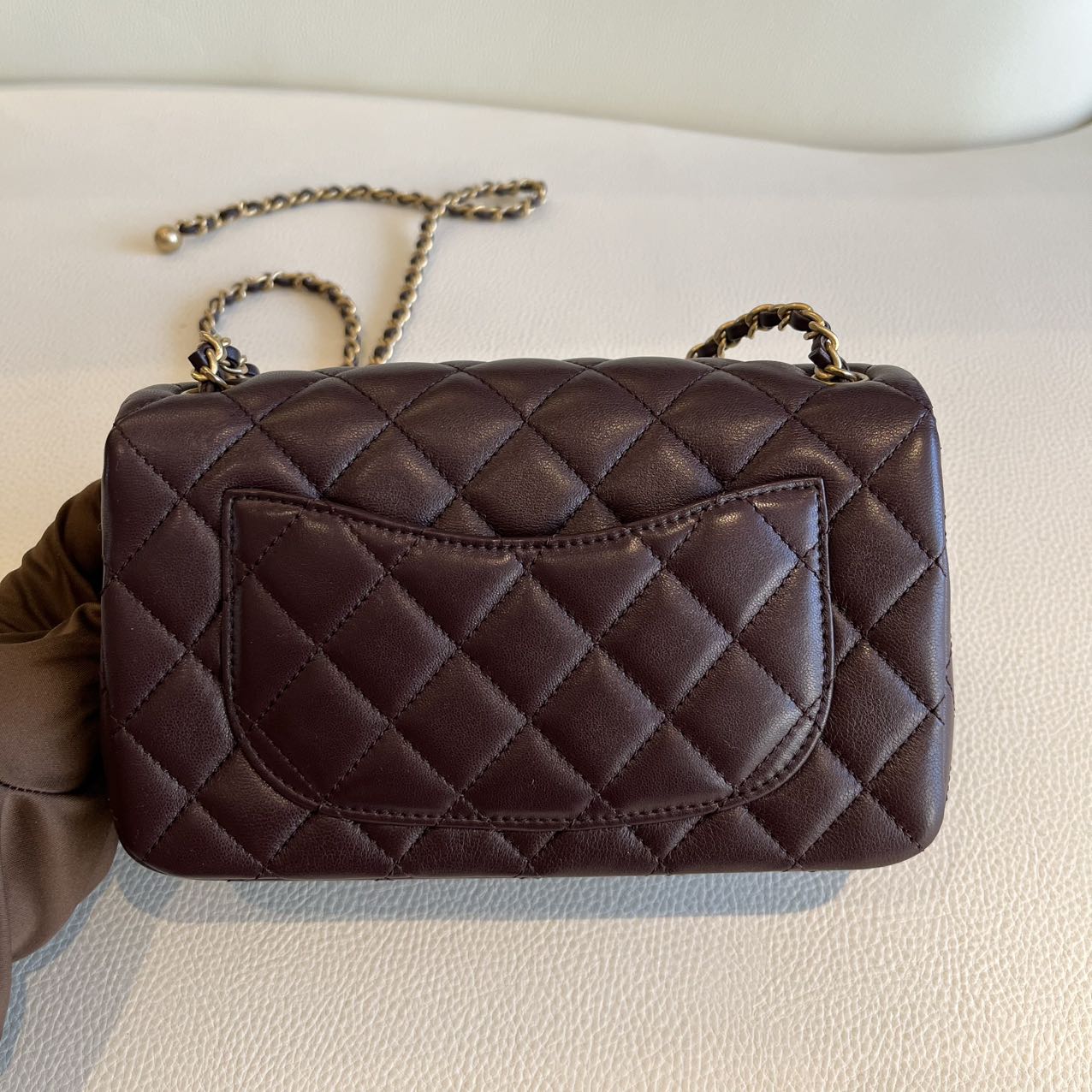 Pre-owned Certified Chanel Mini CF Rectangle Pearl Crush in Deep Burgundy Brown Lambskin with Golden Hardware, 2025 Microchipped, w/ full set