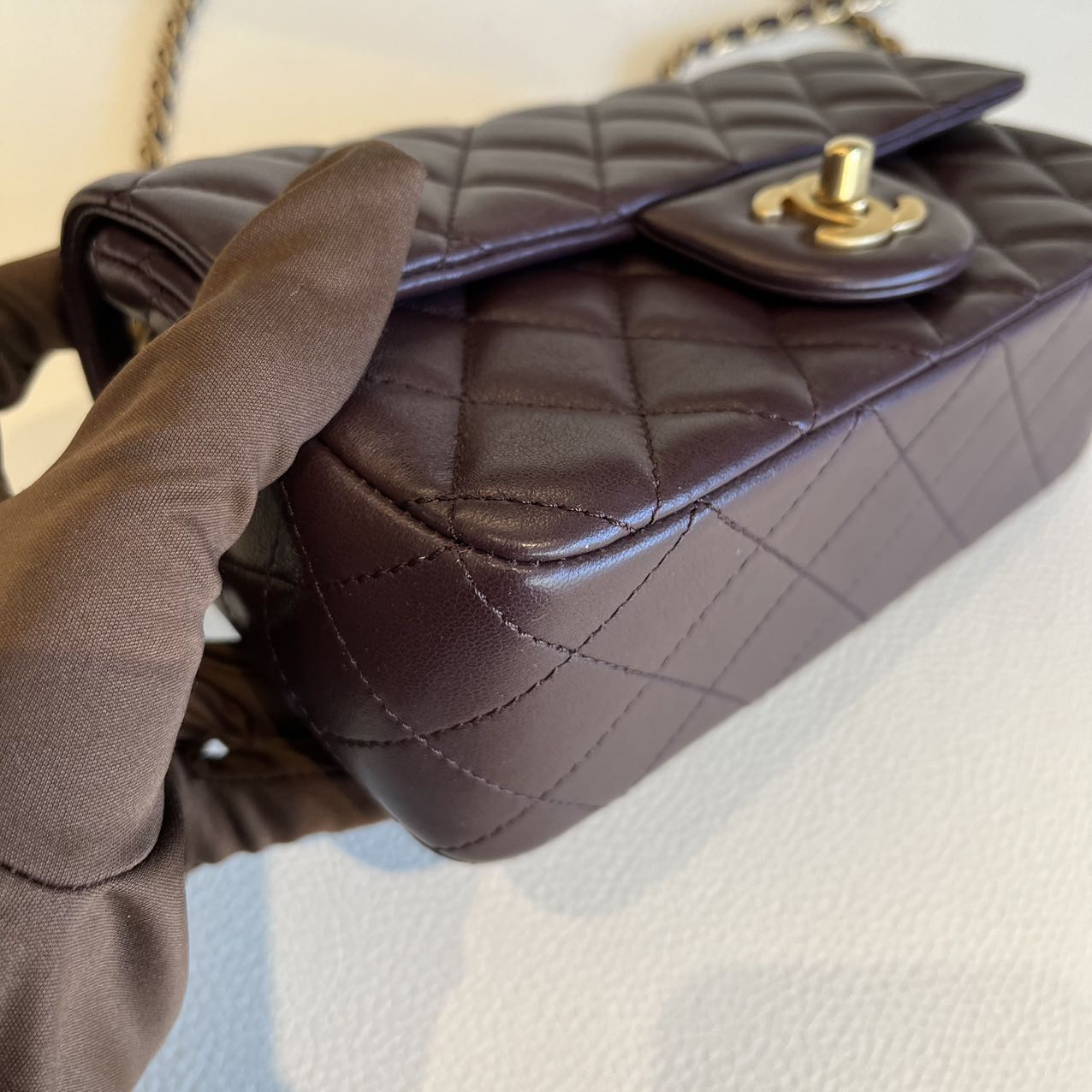 Pre-owned Certified Chanel Mini CF Rectangle Pearl Crush in Deep Burgundy Brown Lambskin with Golden Hardware, 2025 Microchipped, w/ full set