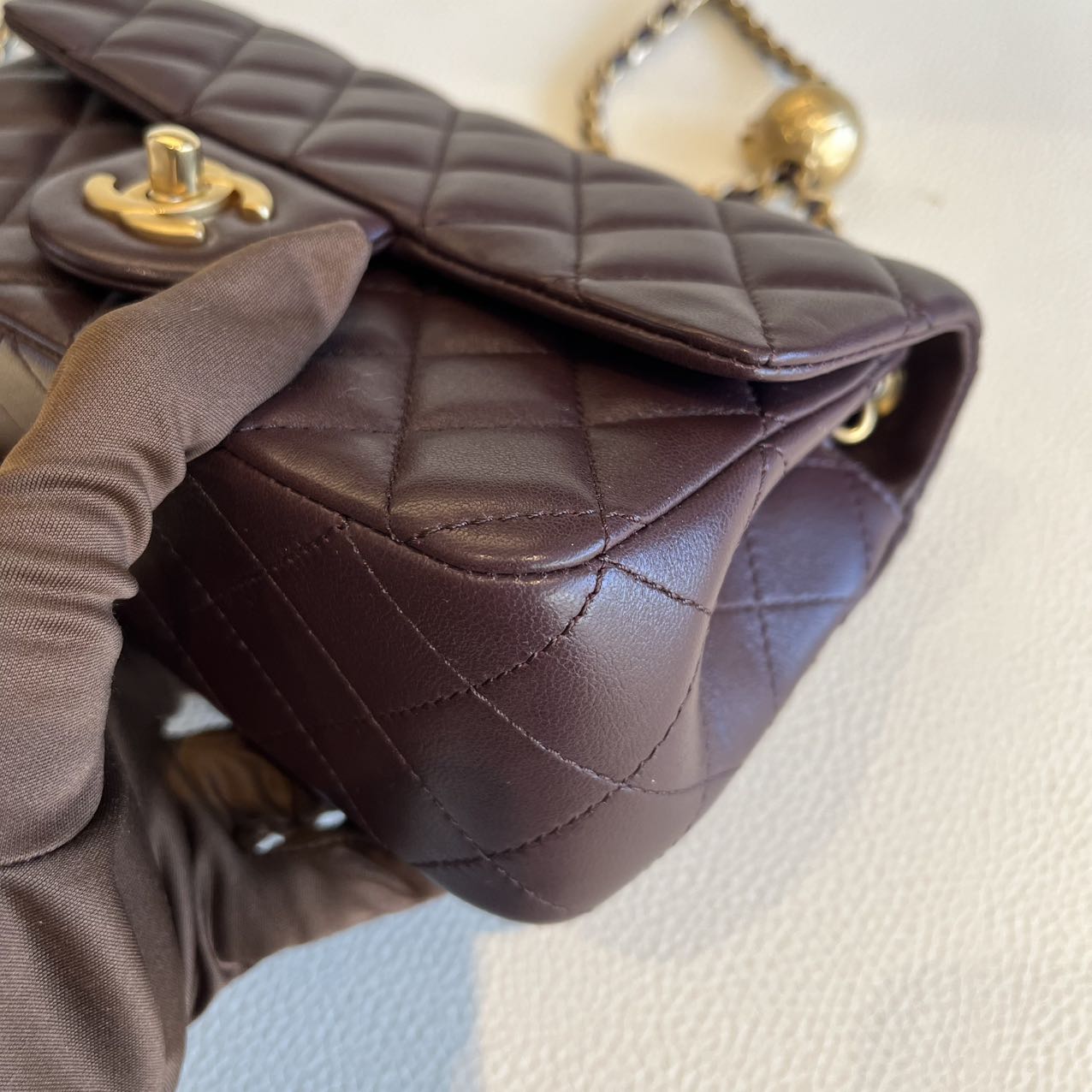 Pre-owned Certified Chanel Mini CF Rectangle Pearl Crush in Deep Burgundy Brown Lambskin with Golden Hardware, 2025 Microchipped, w/ full set