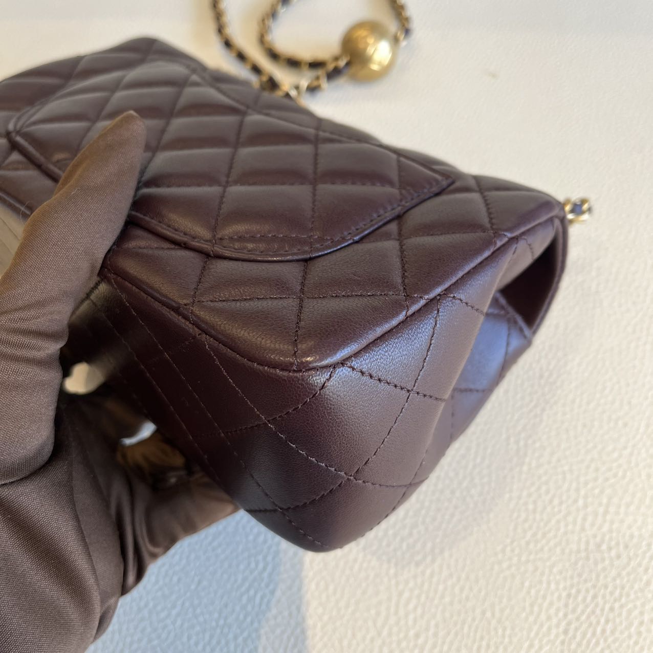 Pre-owned Certified Chanel Mini CF Rectangle Pearl Crush in Deep Burgundy Brown Lambskin with Golden Hardware, 2025 Microchipped, w/ full set