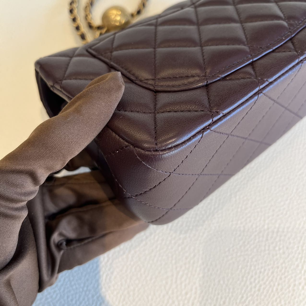 Pre-owned Certified Chanel Mini CF Rectangle Pearl Crush in Deep Burgundy Brown Lambskin with Golden Hardware, 2025 Microchipped, w/ full set