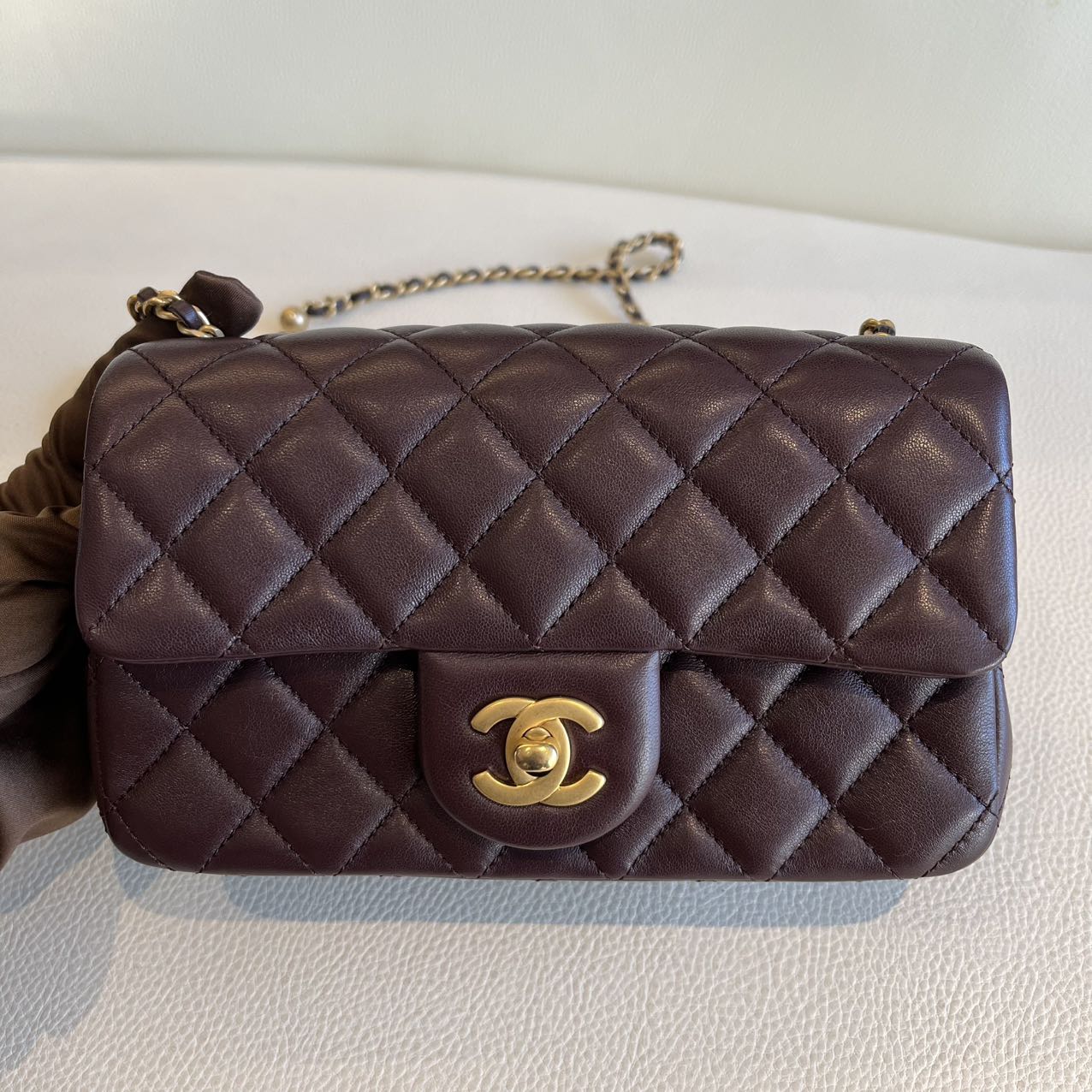 Pre-owned Certified Chanel Mini CF Rectangle Pearl Crush in Deep Burgundy Brown Lambskin with Golden Hardware, 2025 Microchipped, w/ full set