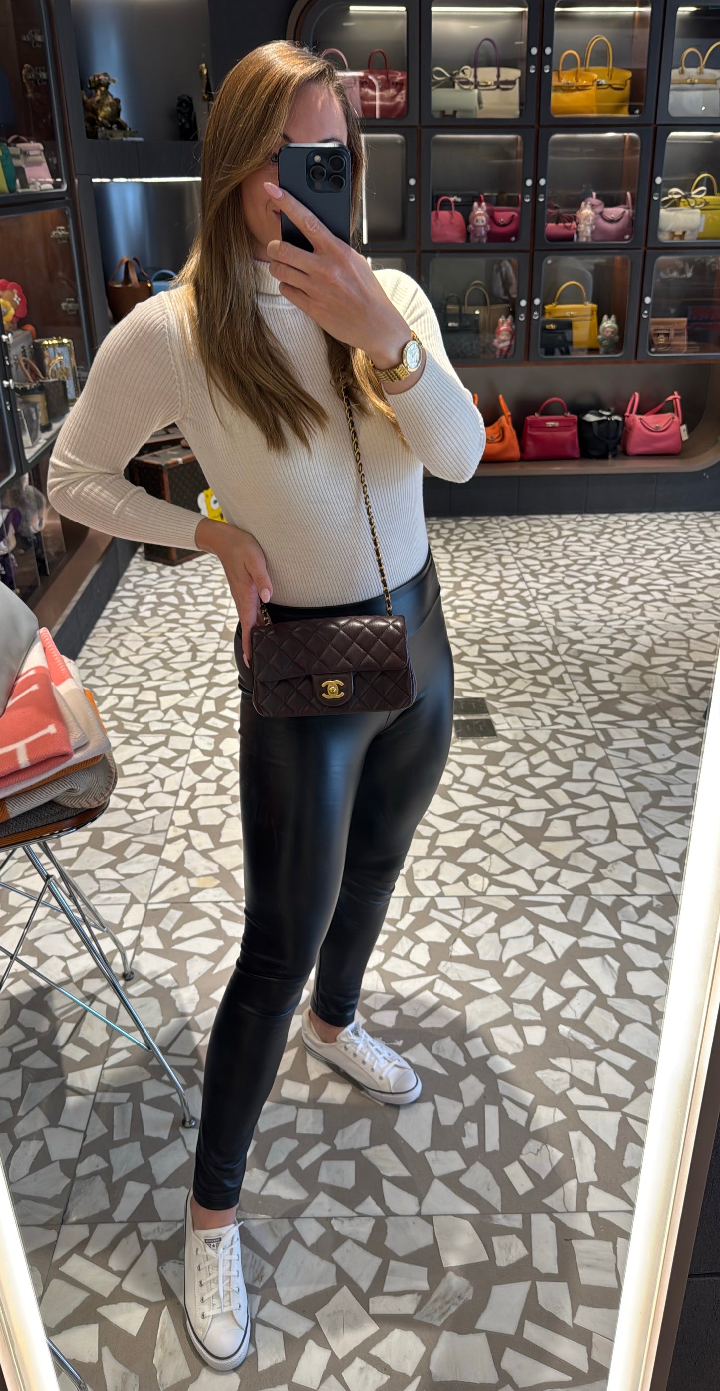 Pre-owned Certified Chanel Mini CF Rectangle Pearl Crush in Deep Burgundy Brown Lambskin with Golden Hardware, 2025 Microchipped, w/ full set