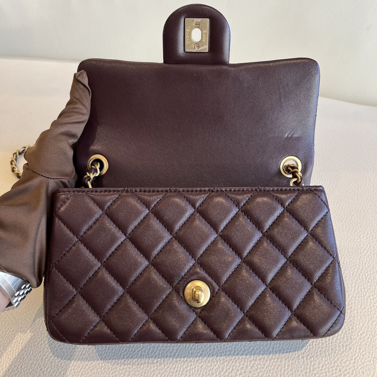 Pre-owned Certified Chanel Mini CF Rectangle Pearl Crush in Deep Burgundy Brown Lambskin with Golden Hardware, 2025 Microchipped, w/ full set