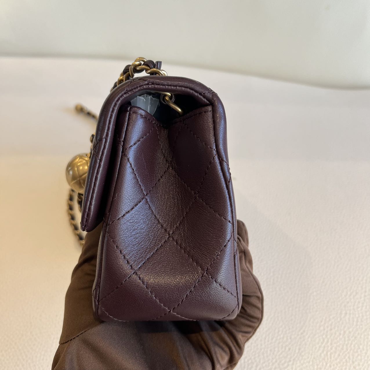 Pre-owned Certified Chanel Mini CF Rectangle Pearl Crush in Deep Burgundy Brown Lambskin with Golden Hardware, 2025 Microchipped, w/ full set