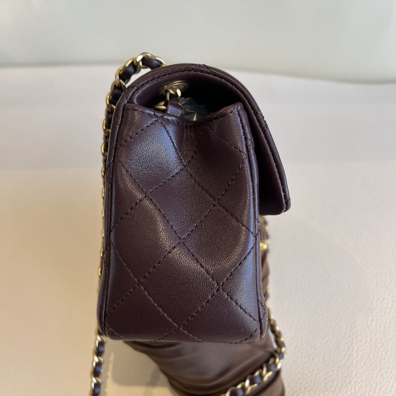 Pre-owned Certified Chanel Mini CF Rectangle Pearl Crush in Deep Burgundy Brown Lambskin with Golden Hardware, 2025 Microchipped, w/ full set