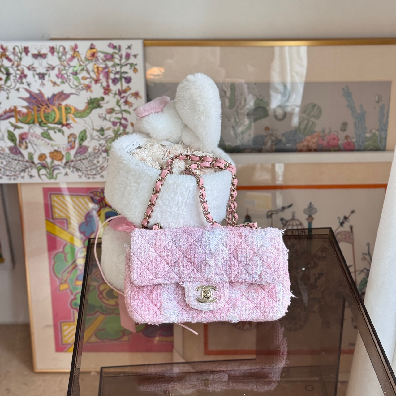 Pre-owned Chanel 22C Mini Classic Flap Sakura Pink with White Tweed Champagne Golden Hw, Microchipped, Full Set