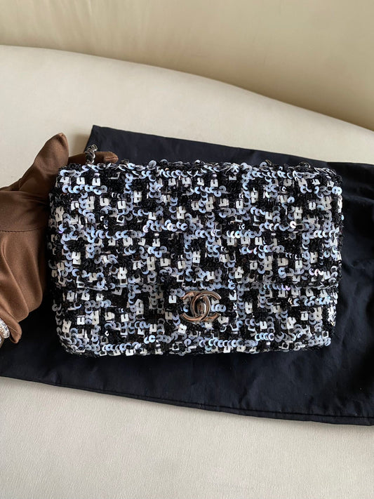 Pre-owned Certified Chanel Mini Classic Flap CF Rectangle with Sequins with Black Shiny Hardware, 2020-2021, w/ Full Set