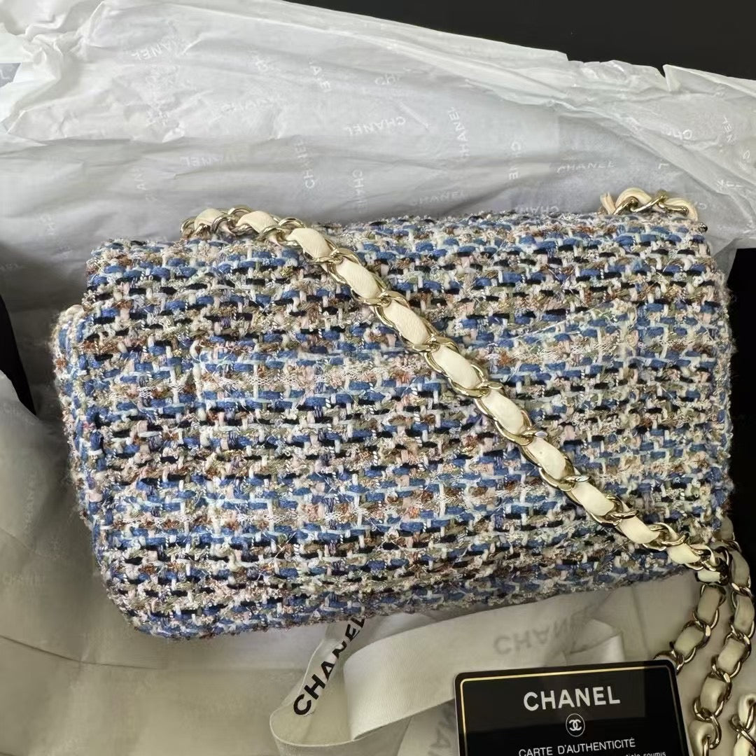 Pre-owned Chanel Mini Classic Flap in Tweed, Shades of Blue and Etoupe with Champagne Golden Hardware, 2020