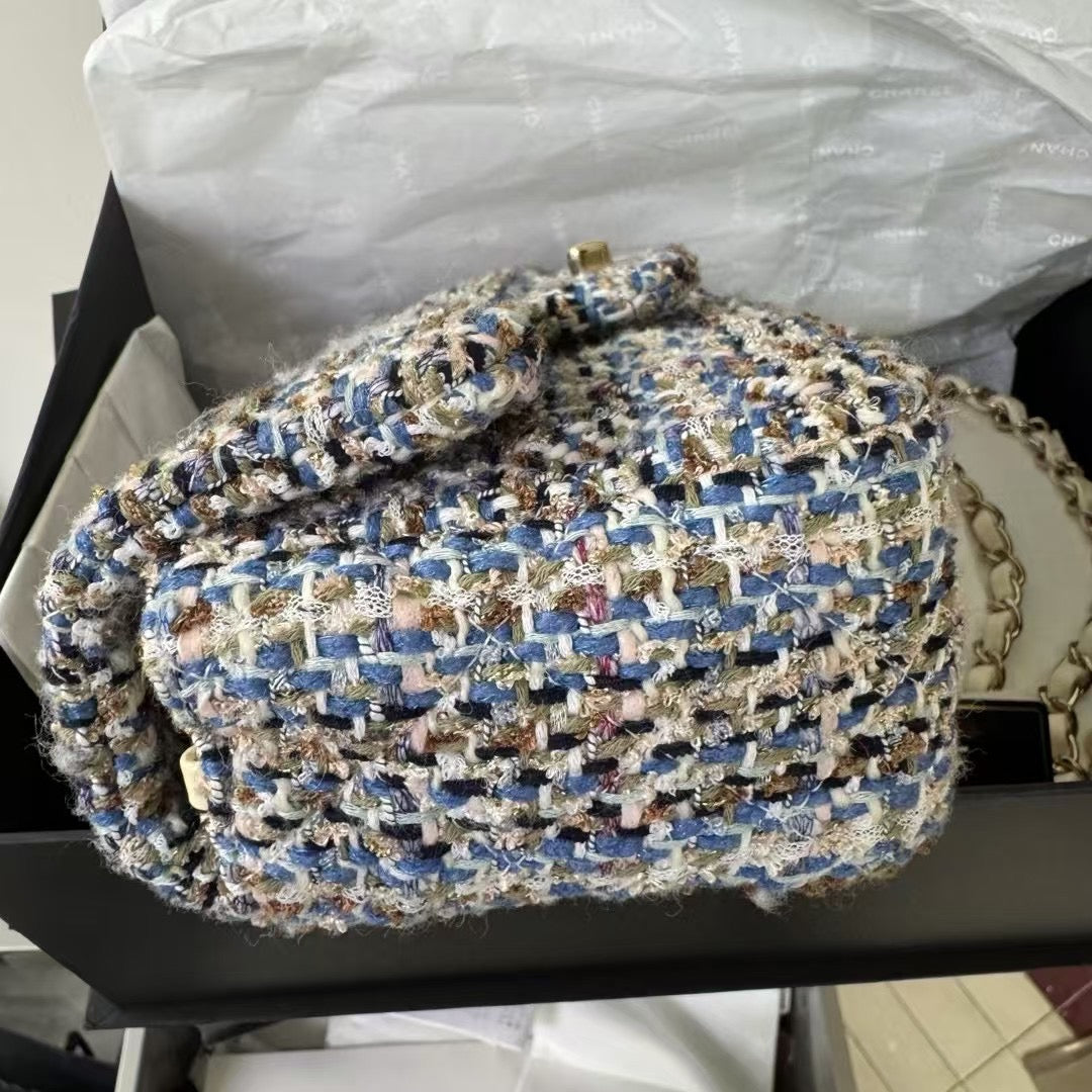 Pre-owned Chanel Mini Classic Flap in Tweed, Shades of Blue and Etoupe with Champagne Golden Hardware, 2020