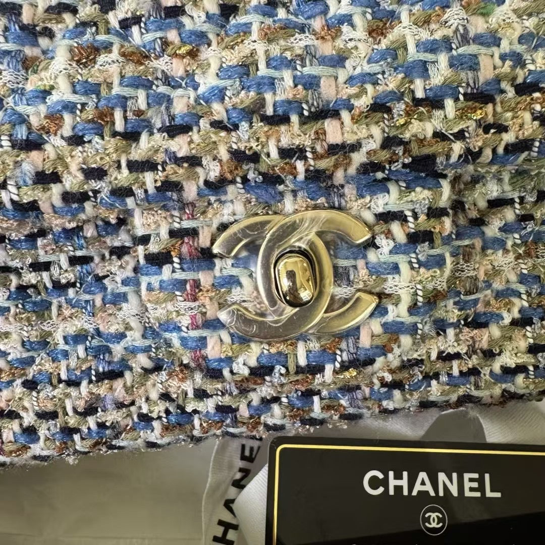 Pre-owned Chanel Mini Classic Flap in Tweed, Shades of Blue and Etoupe with Champagne Golden Hardware, 2020