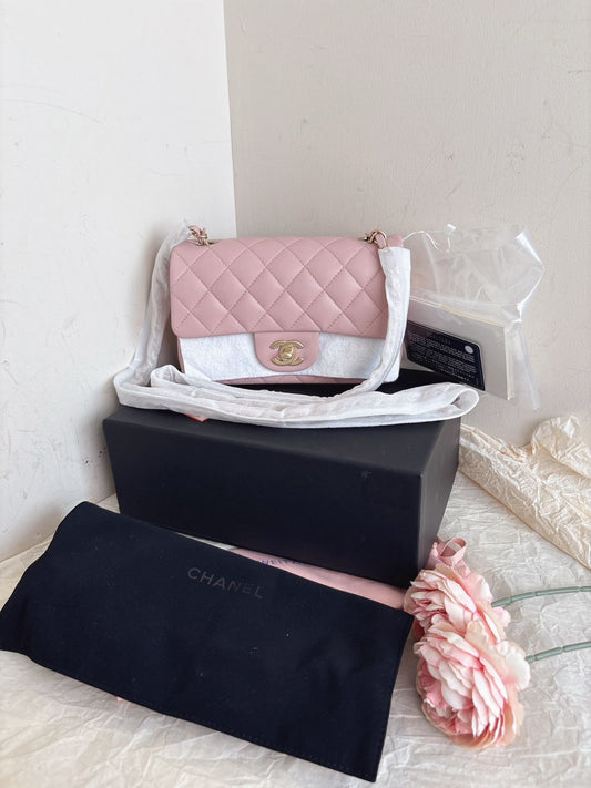 Pre-owned Certified Chanel Mini Single Chain Flap in Pink Lambskin with Golden Hardware, 2014-2015, w/ full set