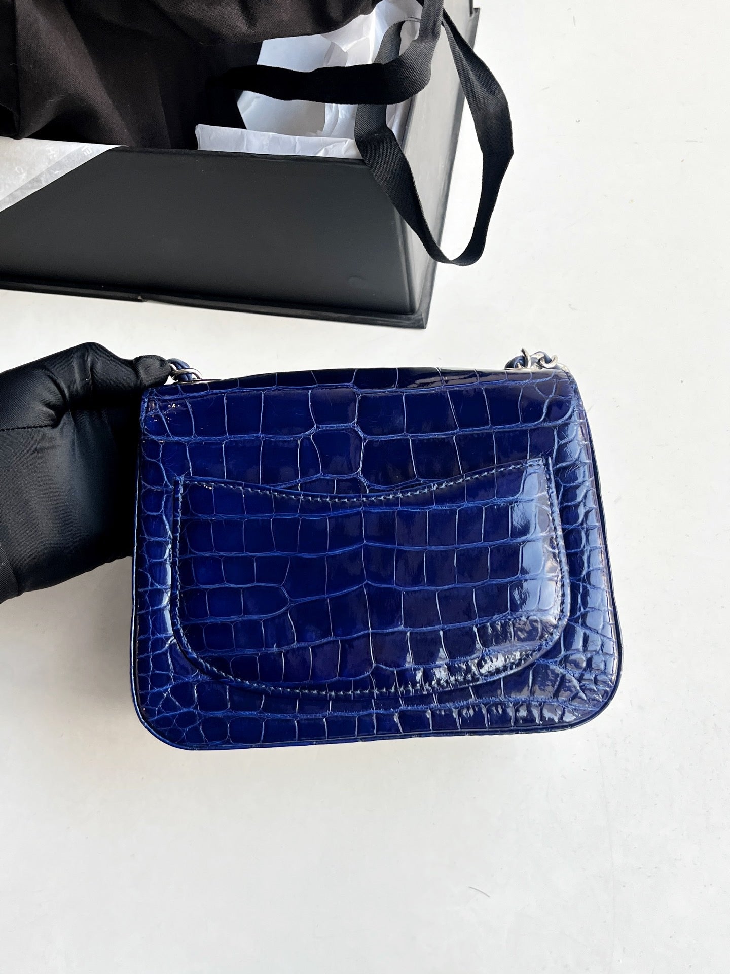 Pre-owned Certified Chanel Mini Square Classic Flap in Royal Blue Alligator Leather with Silver Hardware, 2011, w/ Chanel Card, Dust bag