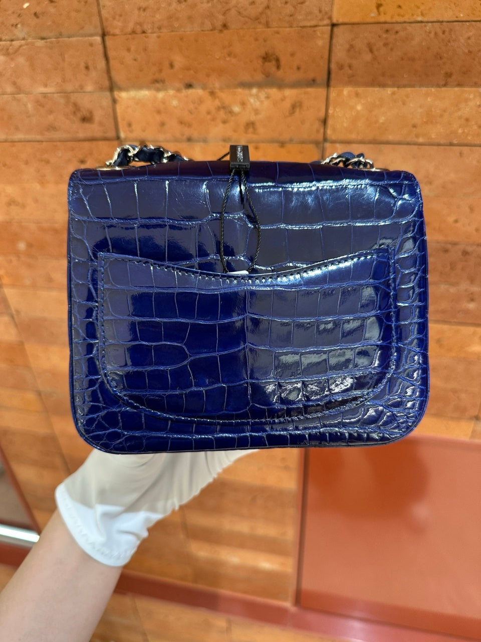 Pre-owned Certified Chanel Mini Square Classic Flap in Royal Blue Alligator Leather with Silver Hardware, 2011, w/ Chanel Card, Dust bag