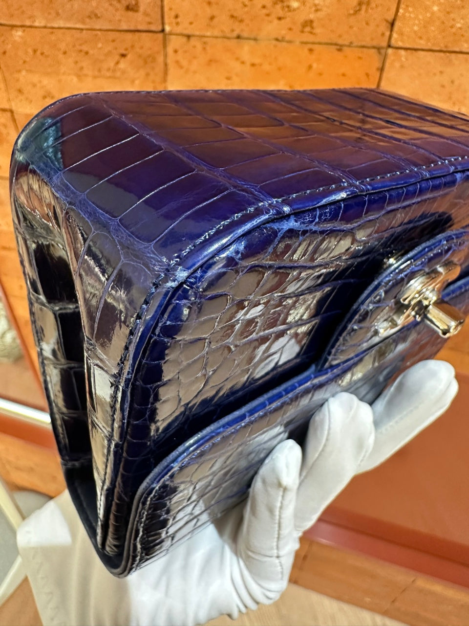 Pre-owned Certified Chanel Mini Square Classic Flap in Royal Blue Alligator Leather with Silver Hardware, 2011, w/ Chanel Card, Dust bag