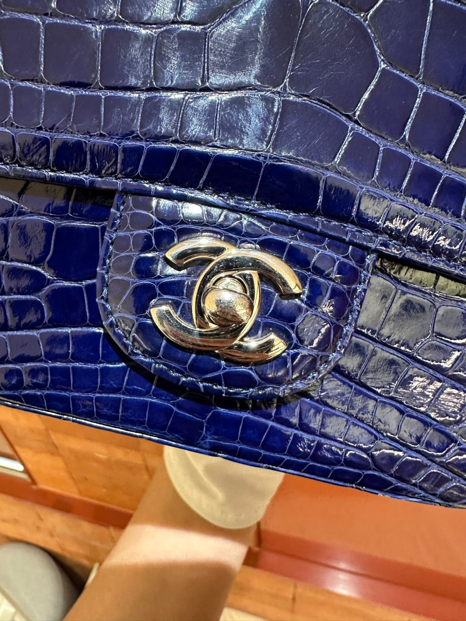 Pre-owned Certified Chanel Mini Square Classic Flap in Royal Blue Alligator Leather with Silver Hardware, 2011, w/ Chanel Card, Dust bag