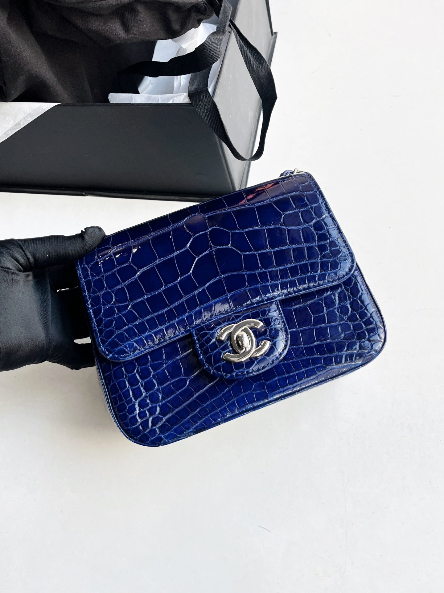 Pre-owned Certified Chanel Mini Square Classic Flap in Royal Blue Alligator Leather with Silver Hardware, 2011, w/ Chanel Card, Dust bag