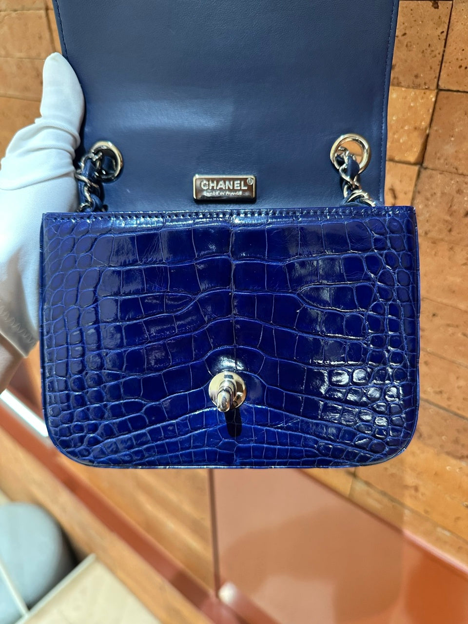 Pre-owned Certified Chanel Mini Square Classic Flap in Royal Blue Alligator Leather with Silver Hardware, 2011, w/ Chanel Card, Dust bag