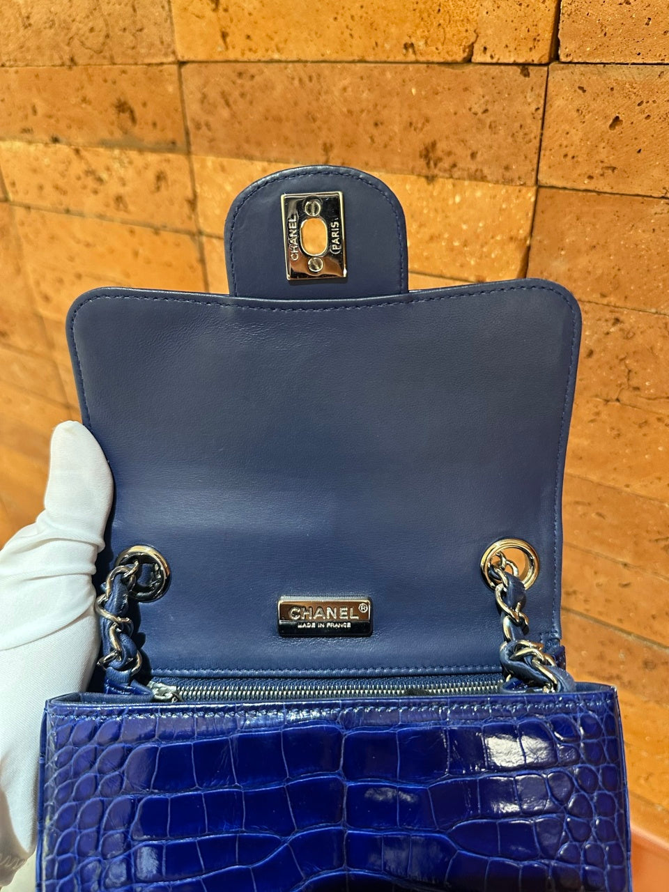 Pre-owned Certified Chanel Mini Square Classic Flap in Royal Blue Alligator Leather with Silver Hardware, 2011, w/ Chanel Card, Dust bag