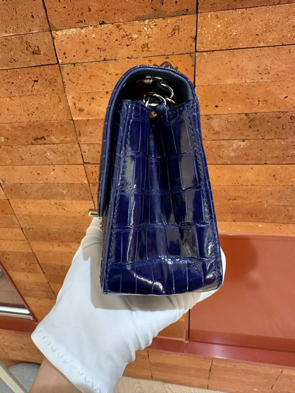 Pre-owned Certified Chanel Mini Square Classic Flap in Royal Blue Alligator Leather with Silver Hardware, 2011, w/ Chanel Card, Dust bag