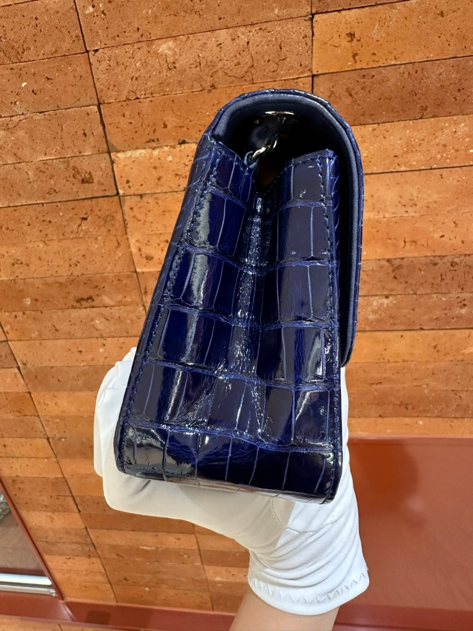 Pre-owned Certified Chanel Mini Square Classic Flap in Royal Blue Alligator Leather with Silver Hardware, 2011, w/ Chanel Card, Dust bag