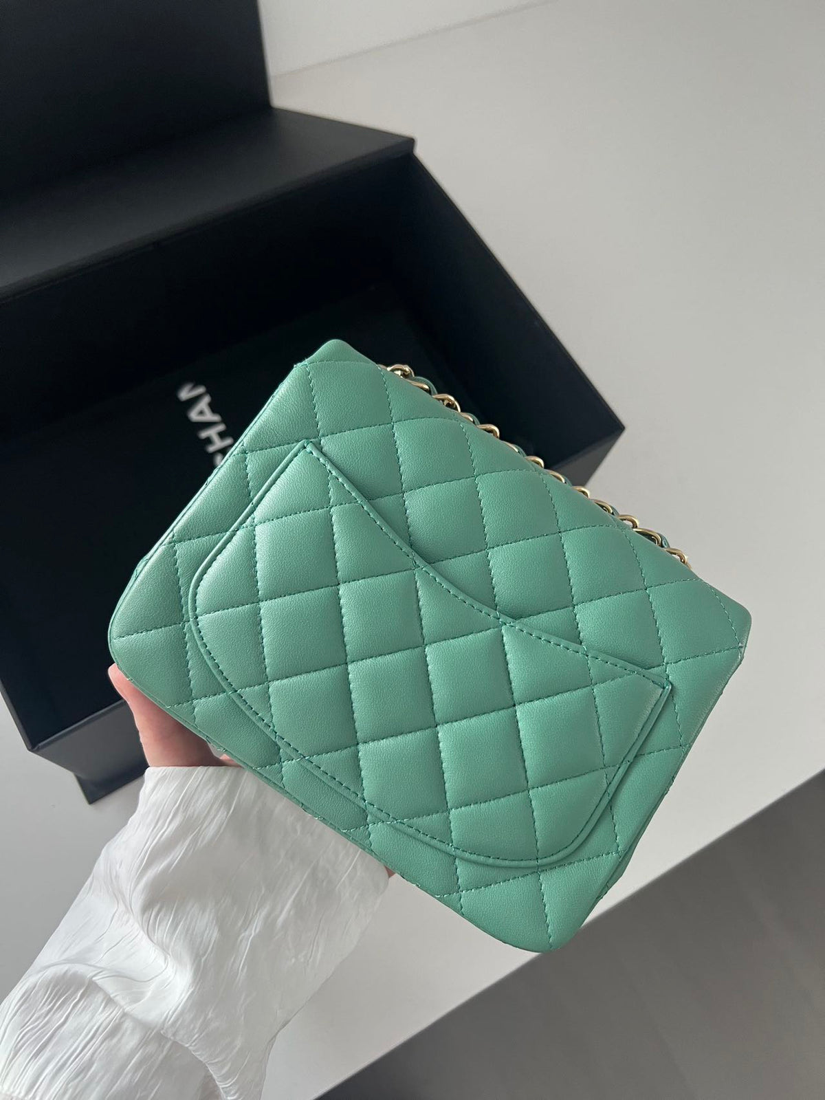 Pre-owned Certified Chanel Mini Square Flap in Green Lambskin with Golden Hardware, w/ full set