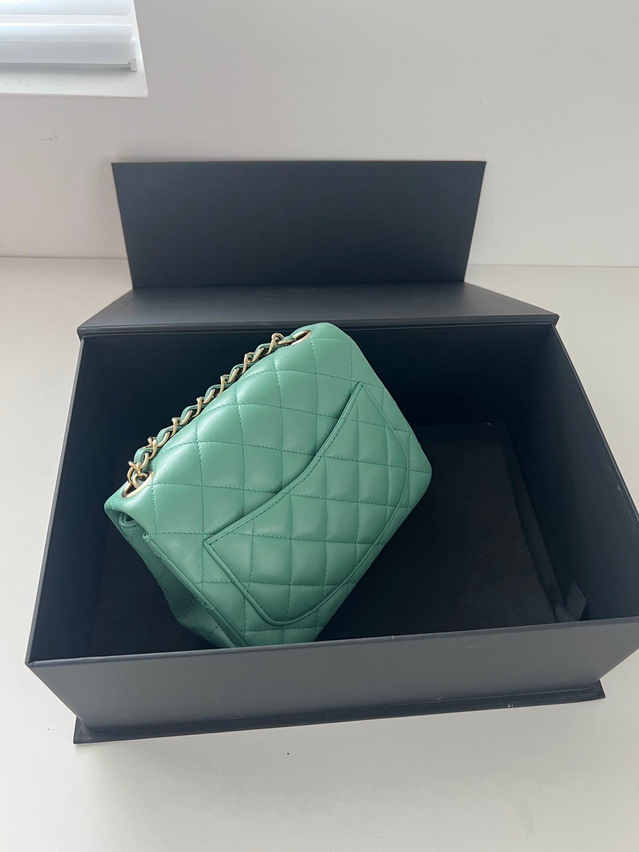 Pre-owned Certified Chanel Mini Square Flap in Green Lambskin with Golden Hardware, w/ full set